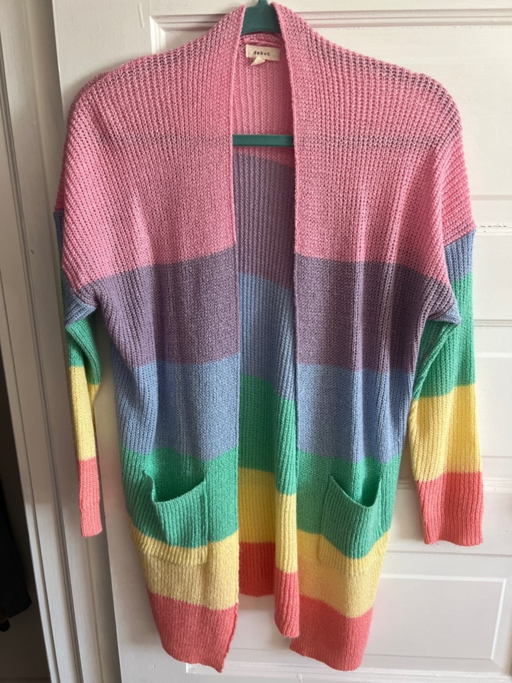 debut Pastel Multi-Stripe Open Cardigan in Pink, Purple, Blue, Green, Yellow
